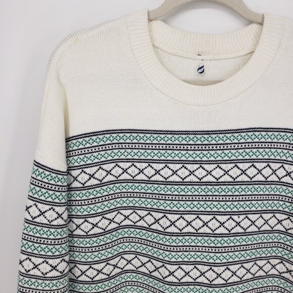 Lou & Grey Fair Isle Pullover Sweater M Relaxed Fit Crew Neck Cotton Cream Green - Picture 4 of 6